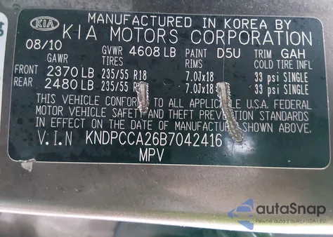 2011 Kia Sportage Ex z USA, uszkodzony, nr VIN KNDPCCA26B7042416